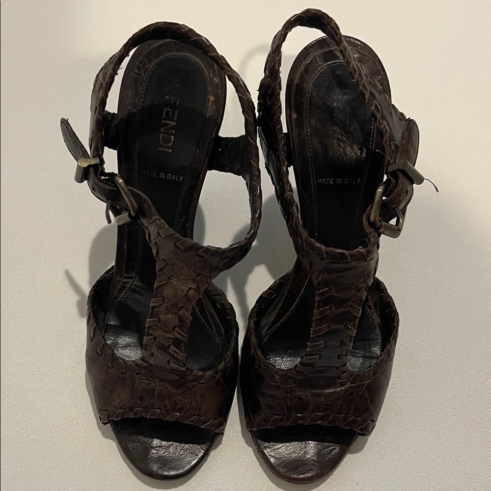 Fendi Zeppa Capra Pergamena Dark Brown Braided Wedge Sandals - Picture 2 of 9